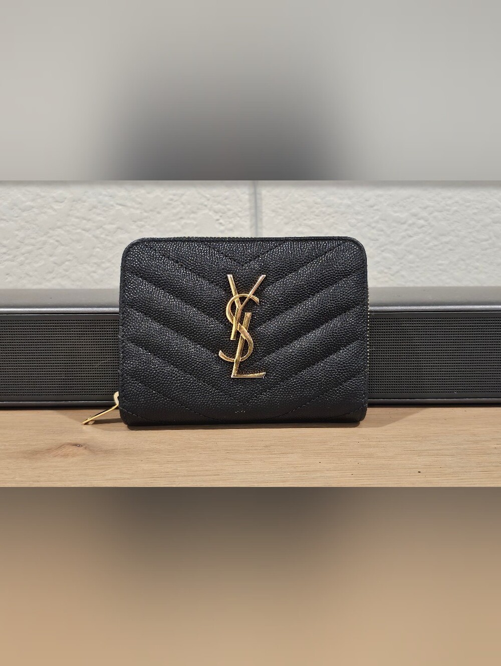 Saint Laurent YSL Monogram Compact Zip Around Wallet Black Leather Gold Hardware